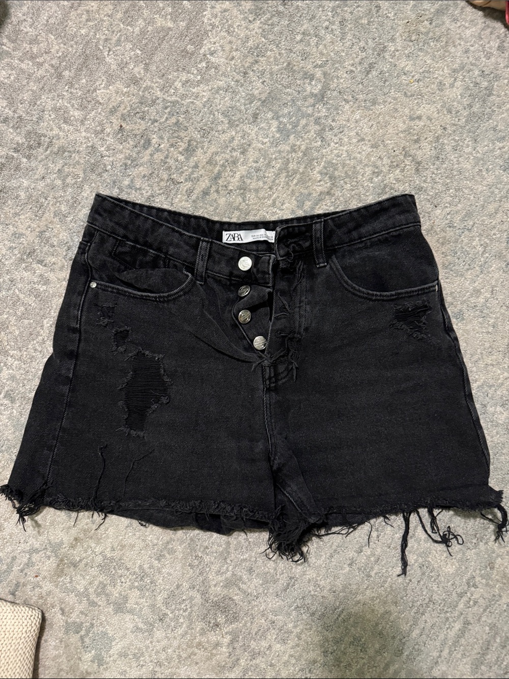 Zara Black Distressed High-Waist Denim Shorts